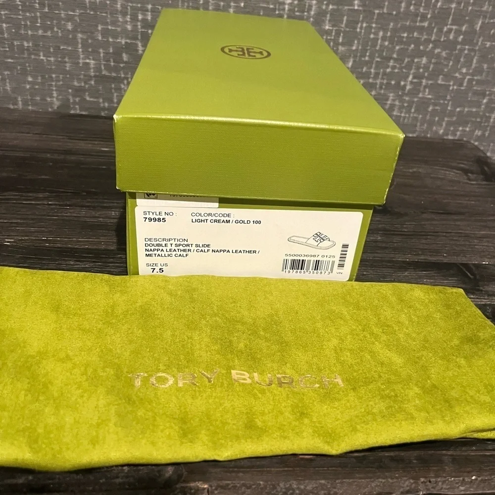 NIB TORY BURCH DOUBLE T SPORT LOGO SLIDE SHOE light cream gold 7.5